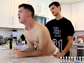 Deep bareback creampie with big cocked twinks in the kitchen